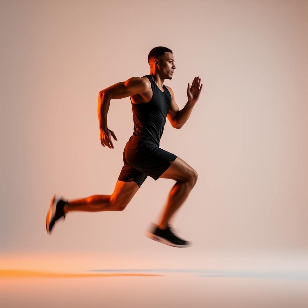 Fit male athlete running at speed, representing calorie burn, fat loss and fitness goals tracked with free fitness calculators